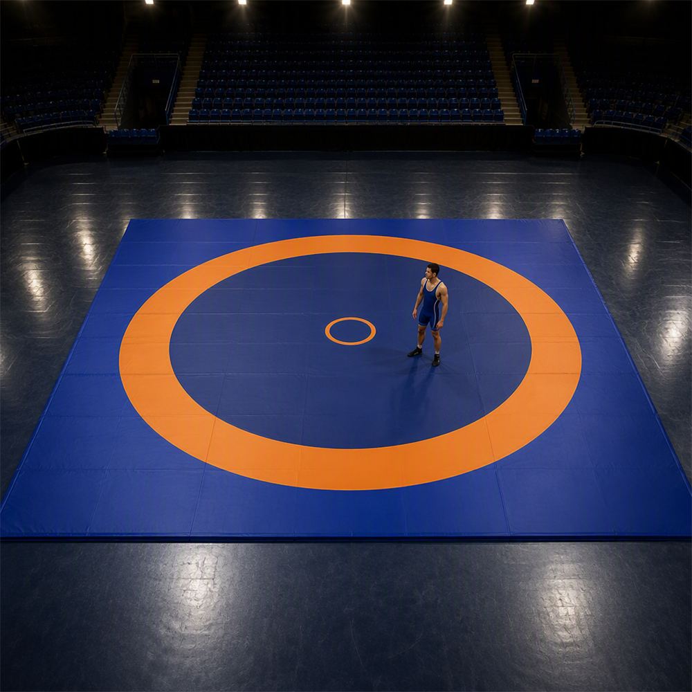 Competition mat system laid out flat — blue surface with an orange boundary band and centre circle, seen from above